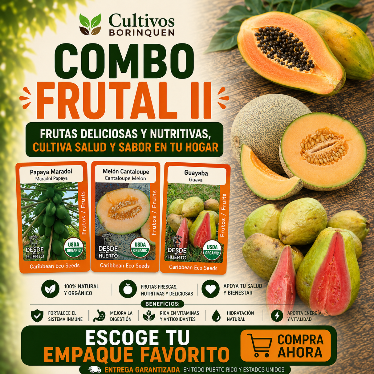 Combo Frutal II con semillas de papaya Maradol, melón Cantaloupe y guayaba