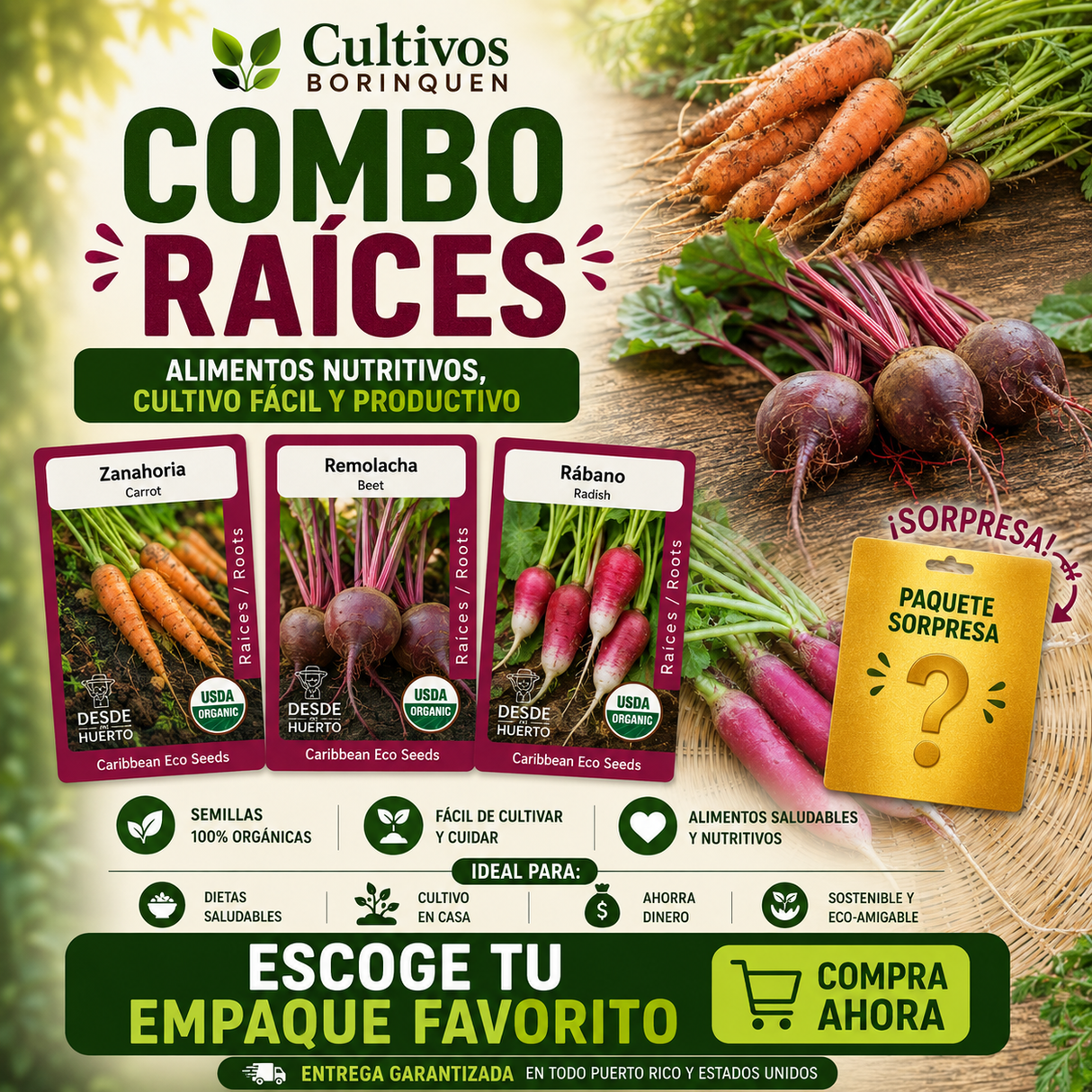 Combo Raíces con semillas de zanahoria, remolacha y rábano