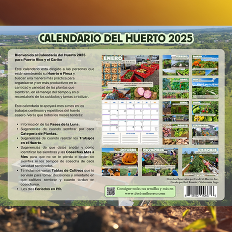 Calendario para huertos
 - Organización de huertos
 - Fases de la luna
 - Siembra y cosecha
 - Cultivos en Puerto Rico
 - Gestión de huertos
