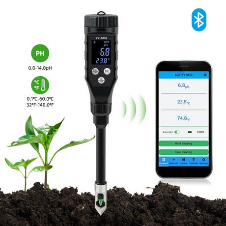 Medidor de pH del suelo - Medidor de temperatura del suelo - Medidor inteligente Bluetooth - Herramienta de jardinería - Comprobador de pH - Medidor de suelo para plantas - Electrodo reemplazable - Medidor de pH para invernaderos - Cultivo en macetas - Herramienta de agricultura