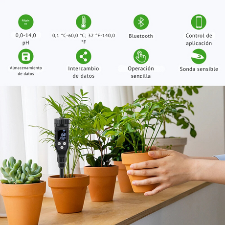 Medidor de pH del suelo - Medidor de temperatura del suelo - Medidor inteligente Bluetooth - Herramienta de jardinería - Comprobador de pH - Medidor de suelo para plantas - Electrodo reemplazable - Medidor de pH para invernaderos - Cultivo en macetas - Herramienta de agricultura