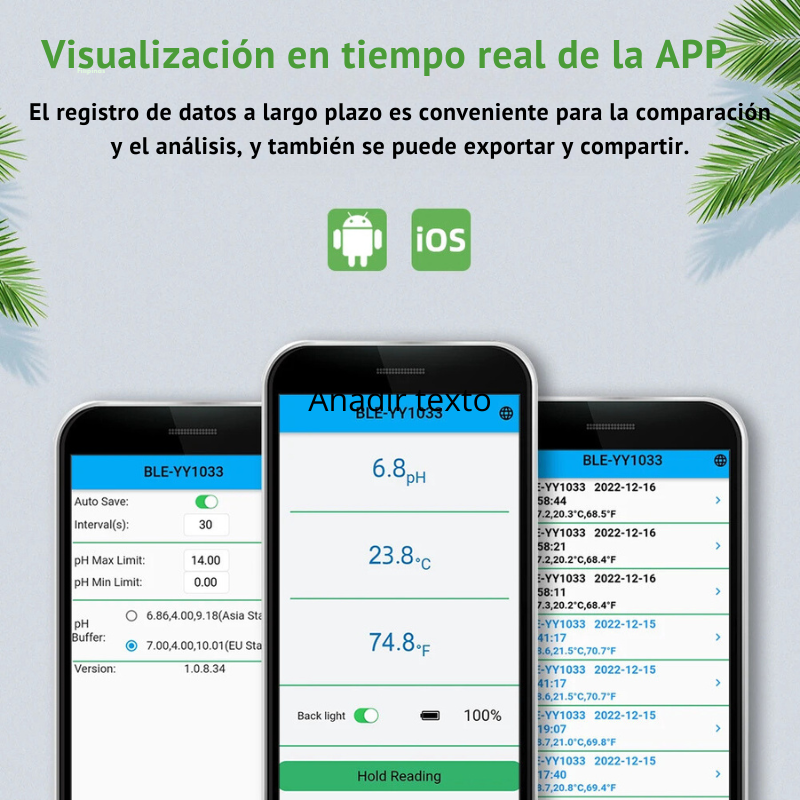 Medidor de pH del suelo - Medidor de temperatura del suelo - Medidor inteligente Bluetooth - Herramienta de jardinería - Comprobador de pH - Medidor de suelo para plantas - Electrodo reemplazable - Medidor de pH para invernaderos - Cultivo en macetas - Herramienta de agricultura