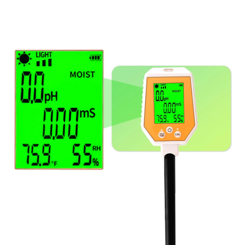 Probador de Suelo 6 en 1: Medidor de pH, EC, Humedad, Luz Solar, Humedad del Aire y Temperatura