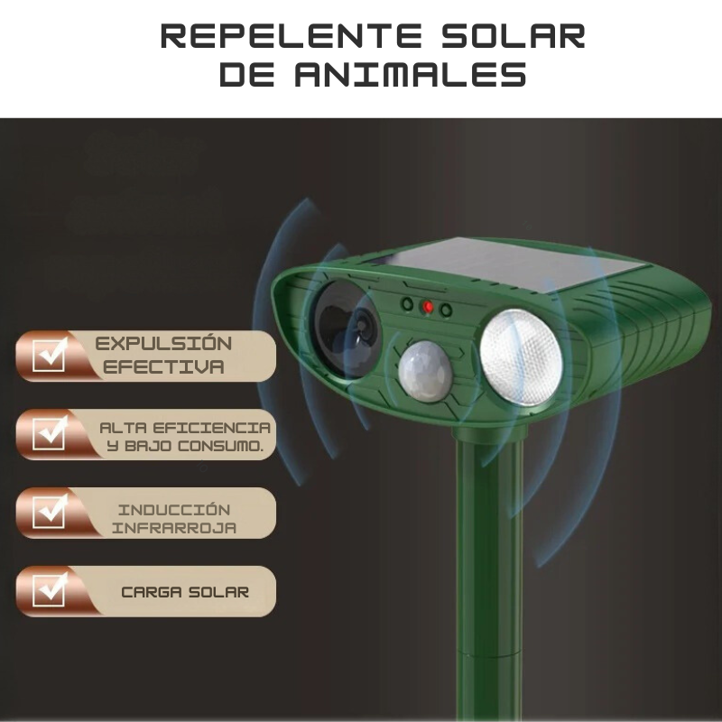 Repelente ultrasónico de animales - Disuasorio de gatos y perros - Repelente impermeable solar - Protección de jardín - Dispositivo para patio - Repelente ecológico - Energía solar recargable