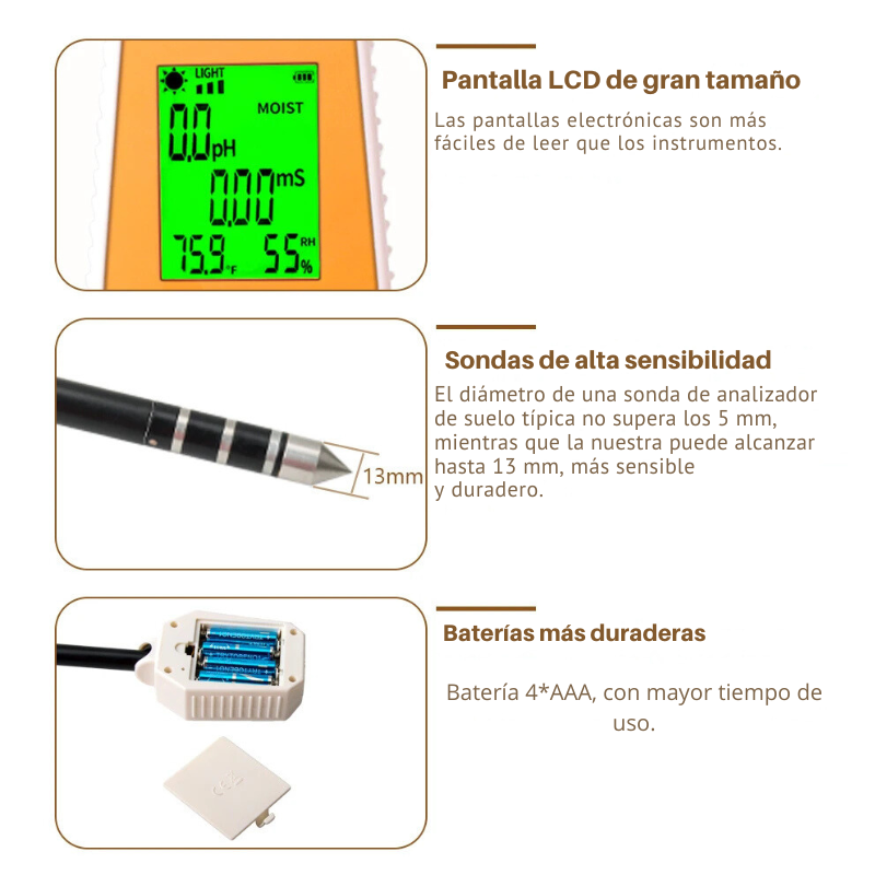 Probador de Suelo 6 en 1: Medidor de pH, EC, Humedad, Luz Solar, Humedad del Aire y Temperatura