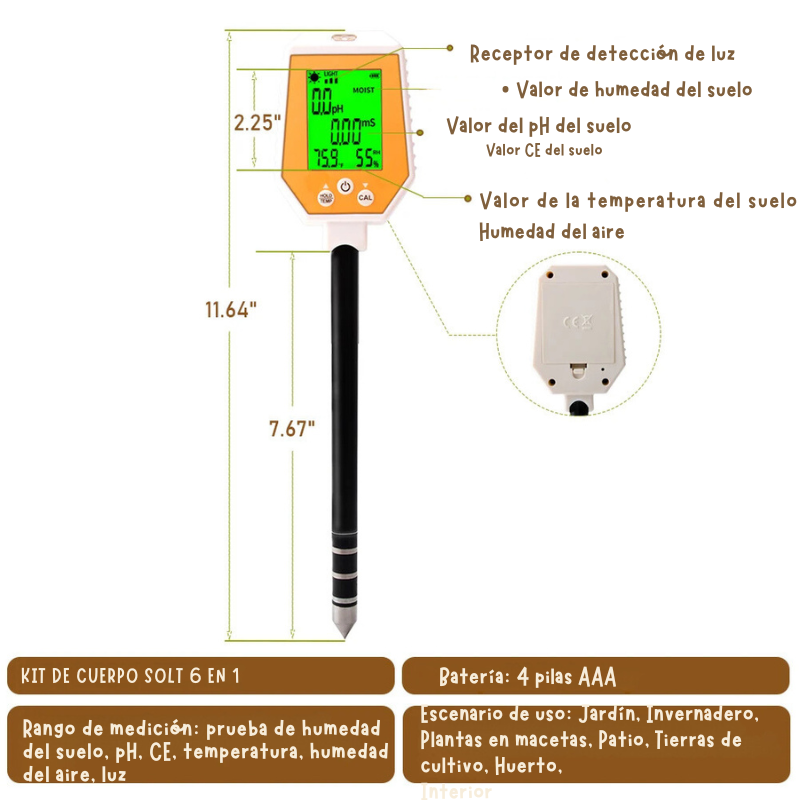 Probador de Suelo 6 en 1: Medidor de pH, EC, Humedad, Luz Solar, Humedad del Aire y Temperatura