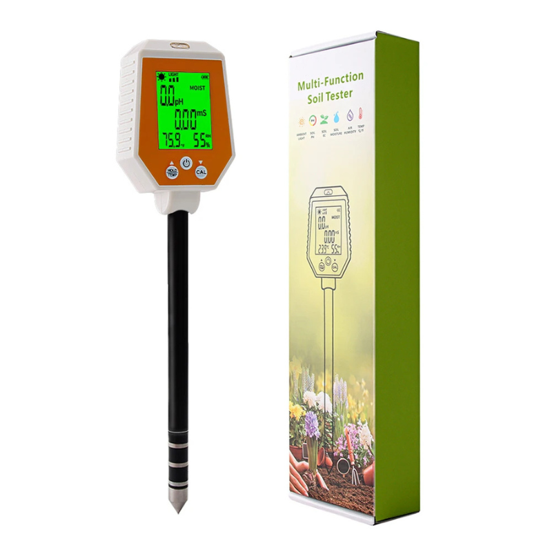 Probador de Suelo 6 en 1: Medidor de pH, EC, Humedad, Luz Solar, Humedad del Aire y Temperatura