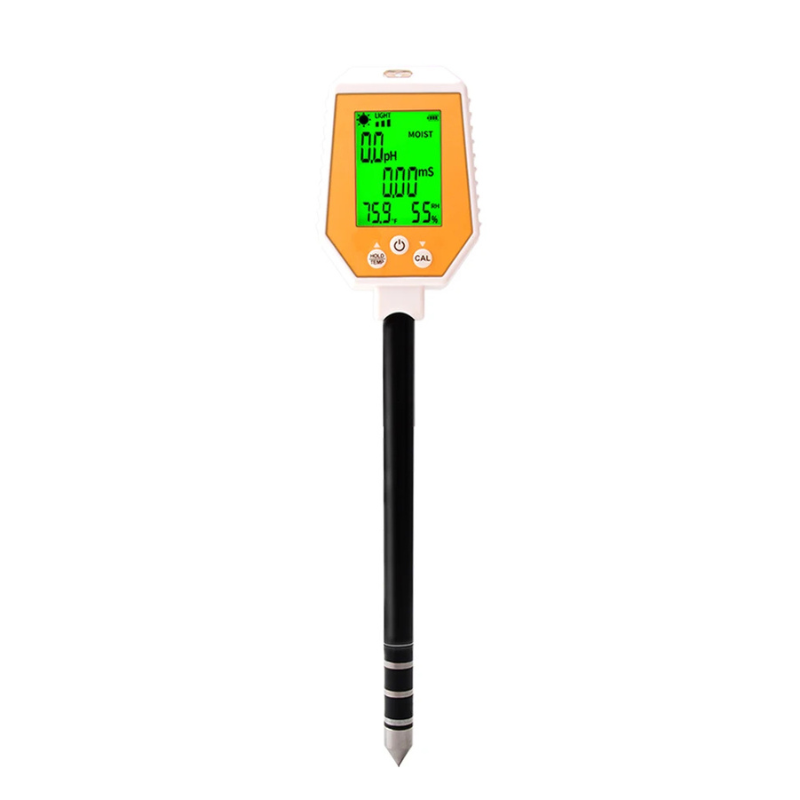 Probador de Suelo 6 en 1: Medidor de pH, EC, Humedad, Luz Solar, Humedad del Aire y Temperatura