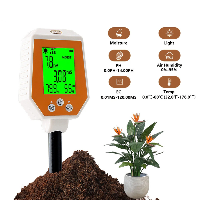 Probador de Suelo 6 en 1: Medidor de pH, EC, Humedad, Luz Solar, Humedad del Aire y Temperatura