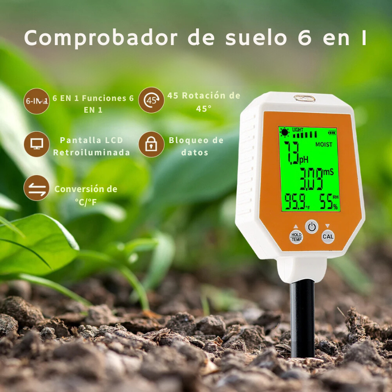 Probador de Suelo 6 en 1: Medidor de pH, EC, Humedad, Luz Solar, Humedad del Aire y Temperatura