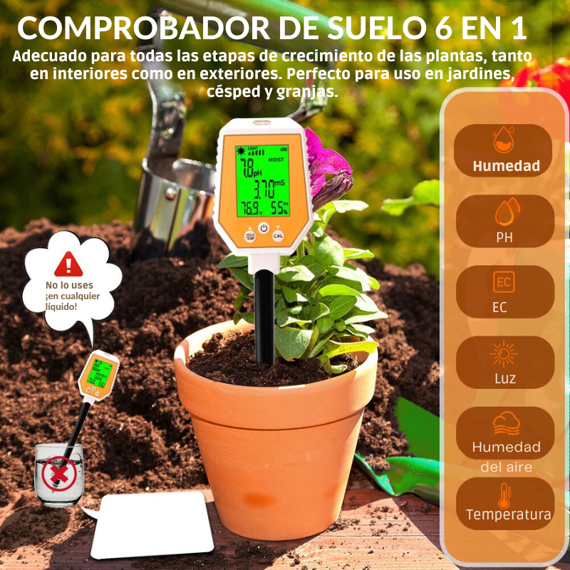 Probador de Suelo 6 en 1: Medidor de pH, EC, Humedad, Luz Solar, Humedad del Aire y Temperatura