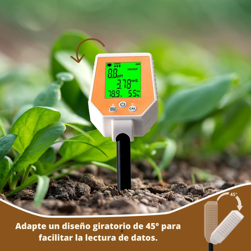 Probador de Suelo 6 en 1: Medidor de pH, EC, Humedad, Luz Solar, Humedad del Aire y Temperatura