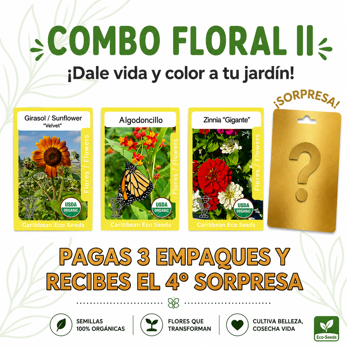 Combo Floral II con semillas de girasol Velvet Queen, algodoncillo y zinnia gigante.