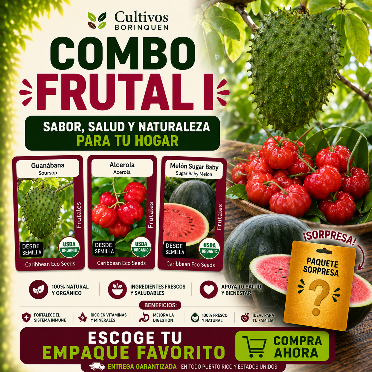 Combo Frutal I con semillas de guanábana, acerola y melón Sugar Baby