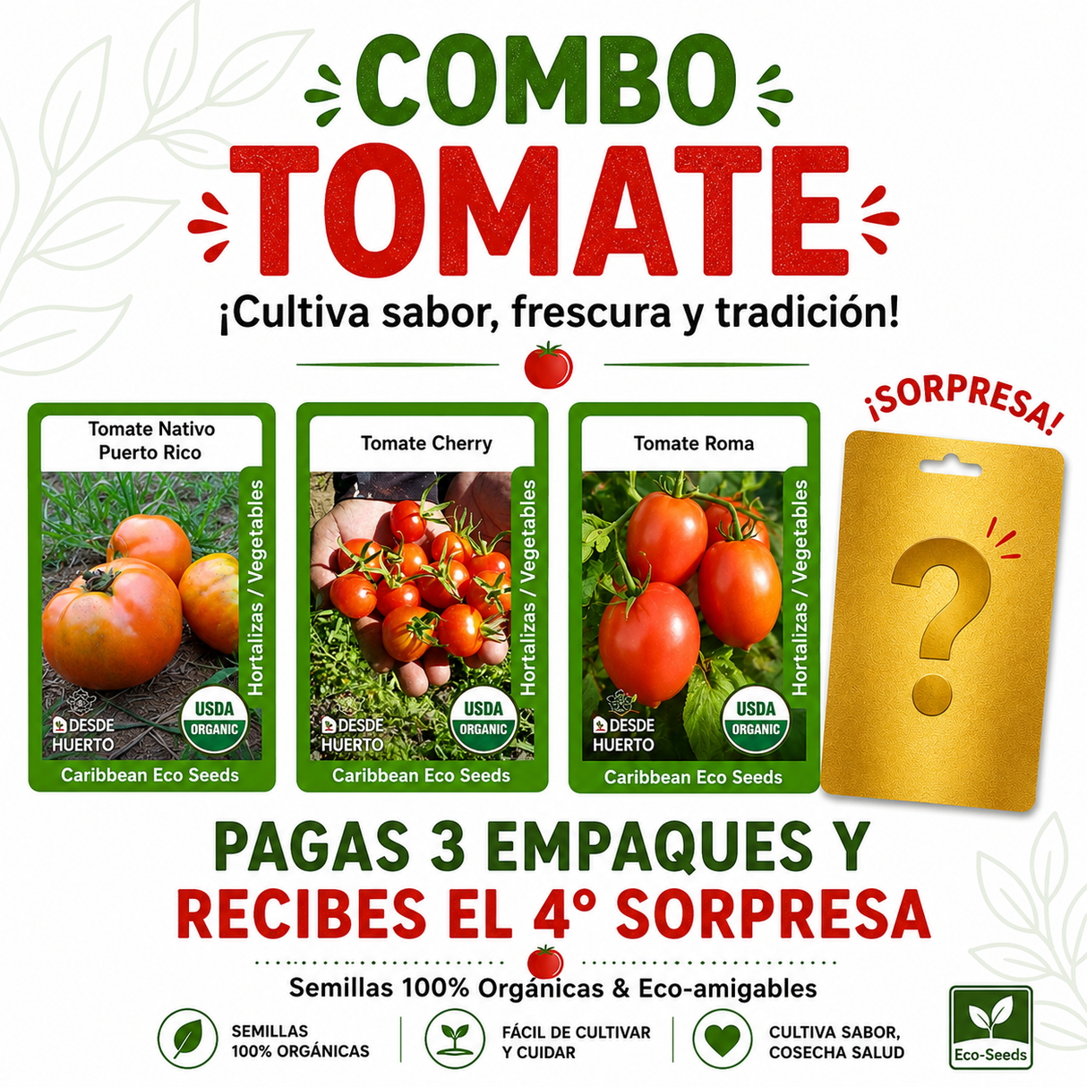 Combo Tomate con semillas de tomate Cherry, tomate Nativo Puerto Rico y tomate Roma.