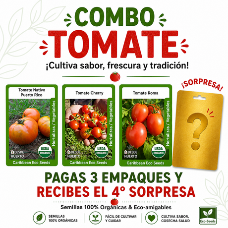 Combo Tomate con semillas de tomate Cherry, tomate Nativo Puerto Rico y tomate Roma.
