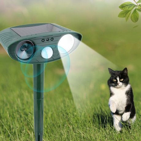 Repelente ultrasónico de animales - Disuasorio de gatos y perros - Repelente impermeable solar - Protección de jardín - Dispositivo para patio - Repelente ecológico - Energía solar recargable