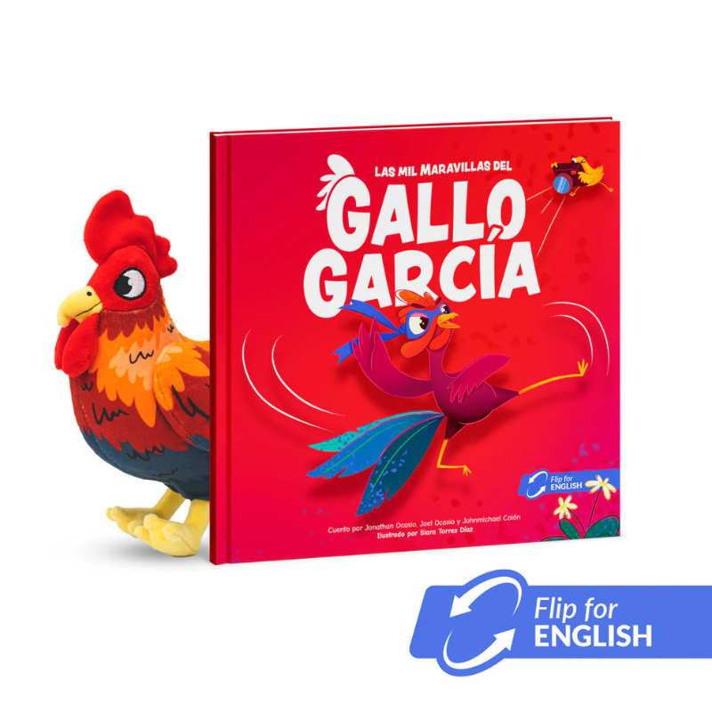 Set Gallo Bilingüe - Gallo García - Peluche educativo - Libro infantil bilingüe - Cuento de valentía - Aprendizaje en español e inglés - Historia para niños - Regalo educativo