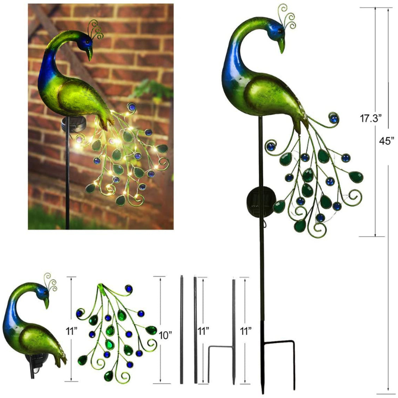 Decoración solar para jardín - Luz LED de césped - Pavo real decorativo
 - Iluminación exterior - Luces solares impermeables  - Accesorios de jardín - Regalos para jardineros