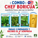 Combo Chef Boricua con semillas orgánicas de tomillo, albahaca y recao para cocina puertorriqueña.