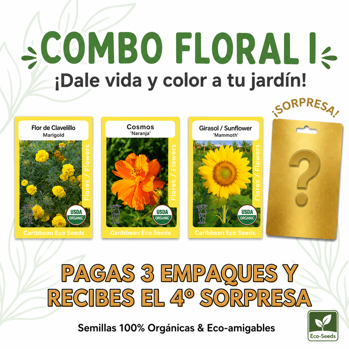 Combo Floral I con semillas de clavelillo, cosmos y girasol Mammoth para jardines coloridos.