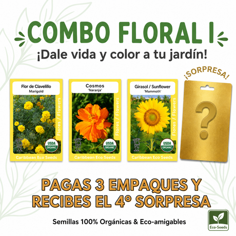 Combo Floral I con semillas de clavelillo, cosmos y girasol Mammoth para jardines coloridos.