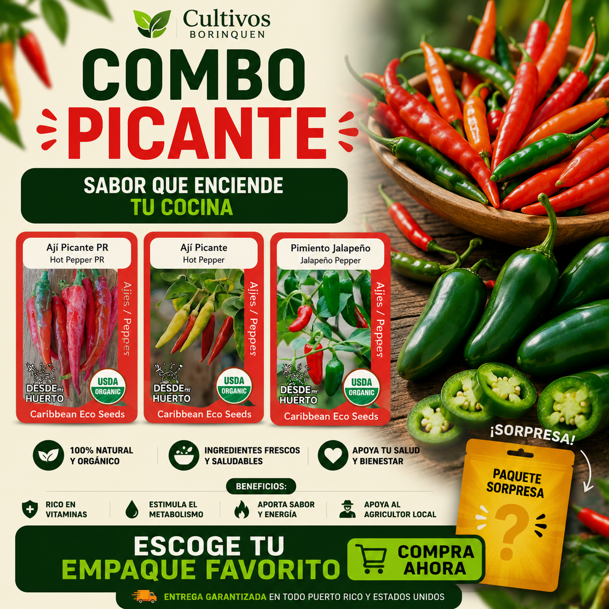 Combo Ají Picante con semillas de ají picante PR, cayenne y jalapeño