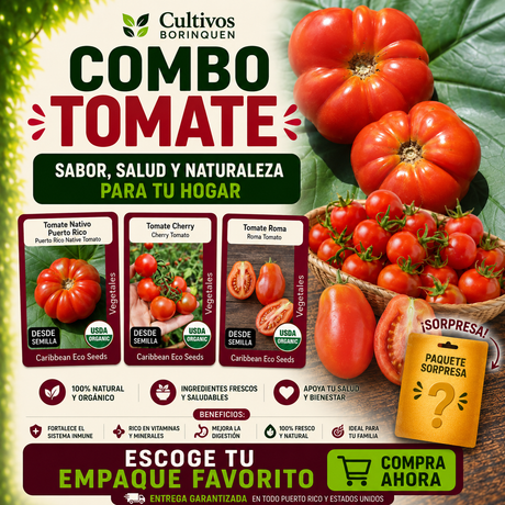 Combo Tomate con semillas de Tomate Nativo PR, Tomate Roma y Tomate Cherry