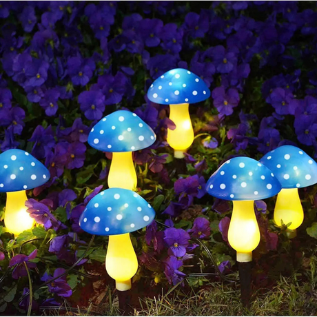 6 Luces solares de hongos para decoración de jardín y caminos -Luces solares impermeables en forma de hongo en colores multicolor, azul y rojo -Iluminación decorativa para exteriores con luces solares de hongos -Luces solares para caminos y eventos navideños en jardín