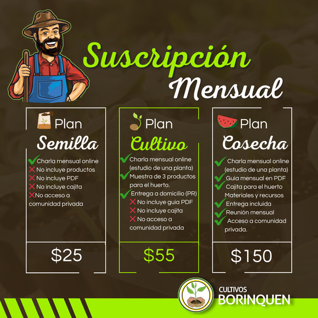 Suscripción agrícola mensual Cultivos Borinquen para huerto en casa
